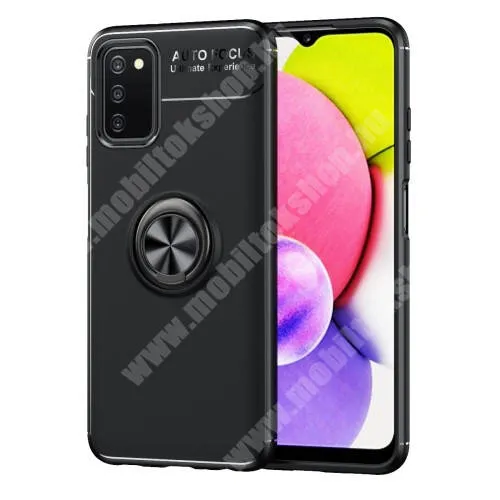  OTT! METAL RING szilikon védő tok / hátlap - FEKETE - fém ujjgyűrű, tapadófelület mágneses autós tartóhoz, kitámasztható, ERŐS VÉDELEM! - SAMSUNG Galaxy A03s (SM-A037F)