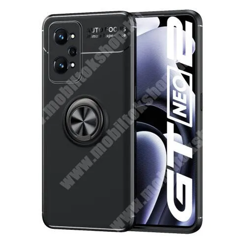  OTT! METAL RING szilikon védő tok / hátlap - FEKETE - fém ujjgyűrű, tapadófelület mágneses autós tartóhoz, kitámasztható, ERŐS VÉDELEM! - Realme GT Neo2 / GT Neo 3T