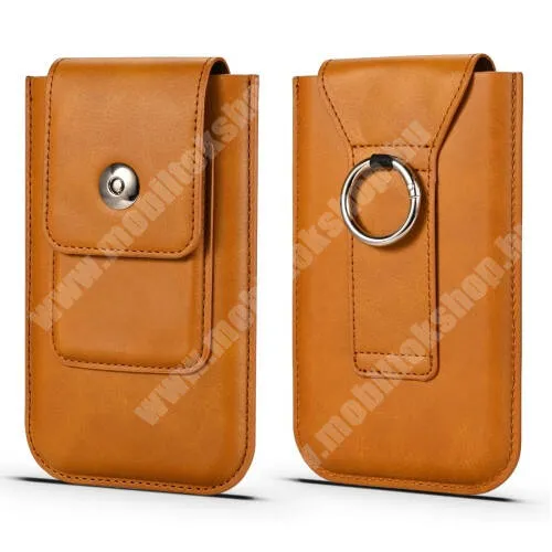  UNIVERZÁLIS álló bőrtok - PU bőr, patent záródás, övre fűzhető, bankkártyatartó zseb, fém gyűrű, akasztható, belső méret: 150mm x 80 x 12mm - VILÁGOSBARNA