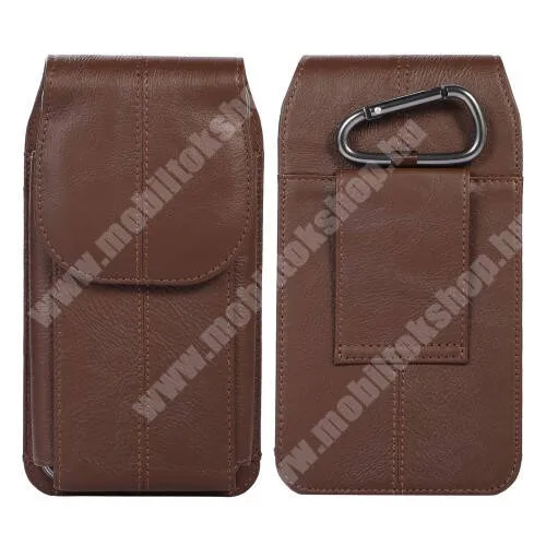  UNIVERZÁLIS álló tok - valódi bőr, övre fűzhető / karabíner, patentos záródás - max 150mm x 80mm x 20mm-es készülékekhez - KÁVÉBARNA