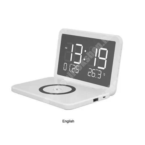 PRESTIGIO MultiPhone 5500 Duo Digitális ébresztőóra / sminktükör vezeték nélküli QI asztali töltő funkcióval - 15W, dátum és hőmérséklet kijelzés, 6,7" képernyő sminktükörként használható, ha a képernyő ki van kapcsolva, összecsukható, állítható fényerő, fogadóegység nélkül! - FEHÉR