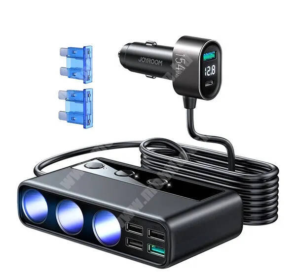 GoPro Hero 9 JOYROOM autós töltő 5 USB aljzat / 3 szivartöltő aljzat / Type-C aljzat - 154W, , 5 x USB, QC3.0 (18W), PD (20W), gyorstöltés, 100 cm, LED jelző - FEKETE - JR-CL06 - GYÁRI