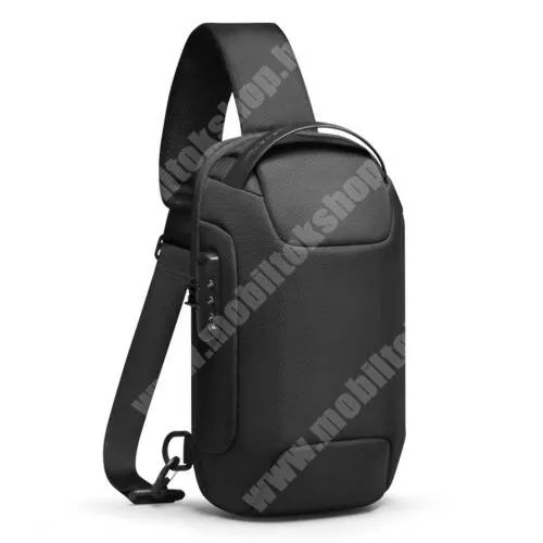 Jolla Jolla C Mark Ryden™ stílusos férfi crossbody, melltáska, válltáska - FEKETE - vízálló oxford szövet, 10" tabletnek megfelelő zseb, számzáras YKK cipzár, USB port, 34 x 20 x 12cm, állítható pánt - MR7116 - GYÁRI