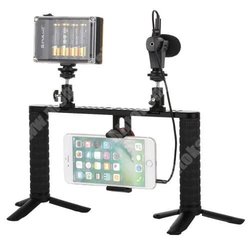 Jolla Jolla C PULUZ PKT3024 4 az 1ben VLOGGER készlet - tripod állvány, selfie fény, 3,5mm jack mikrofon, telefontartó, 1/4" csatlakozók, két fogantyú kialakítás, 45-93mm-ig nyíló bölcső, 96db-os LED 4x AA elemmel használható (NEM TARTOZÉK) - FEKETE
