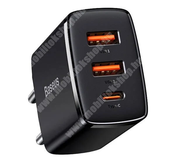  BASEUS hálózati töltő - FEKETE - QC 3.0, PD 3.0, gyorstöltés támogatás, 30W, 2 x USB 5V / 3A, 9V / 2A, 12V / 1,5A Max 1x Type-C aljzat 5V / 3A, 9V / 2.5A, 15V / 2A Max, 20V / 1.5A - CCXJ-E01 - GYÁRI