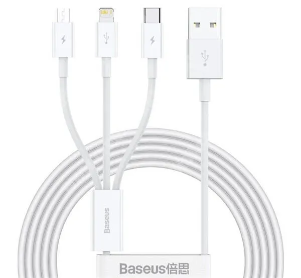 Jolla Jolla C BASEUS SUPERIOR 3 az 1-ben adatatátviteli kábel / USB töltő - USB Type-C, microUSB, Lightning / USB csatlakozás, 1.5m hosszú, 3.5A, 18W - FEHÉR - CAMLTYS-02 - GYÁRI