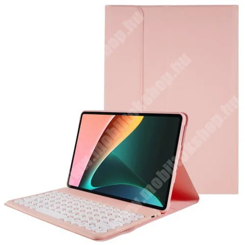  Notesz / mappa tok - RÓZSASZÍN - oldalra nyíló, mágneses záródás, asztali tartó funkció, szilikon belső, kivehető bluetooth billentyűzet (ANGOL KIOSZTÁSÚ!) - Xiaomi Pad 5 / Pad 5 Pro