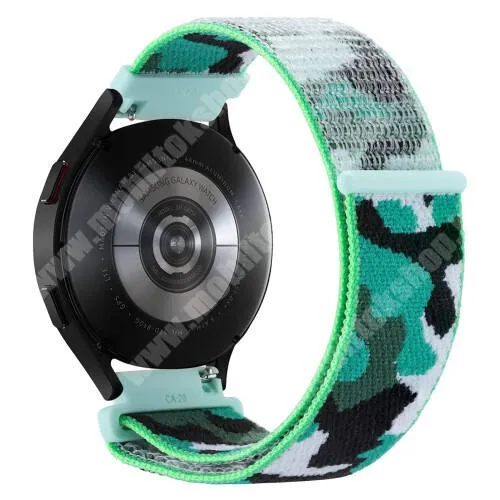 LG G Watch W100 Okosóra szíj - szövet, tépőzáras - 230mm hosszú, 22mm széles - ZÖLD / FEKETE / FEHÉR TEREPMINTÁS - SAMSUNG Galaxy Watch 46mm / Watch GT2 46mm / Watch GT 2e / Galaxy Watch3 45mm / Honor MagicWatch 2 46mm