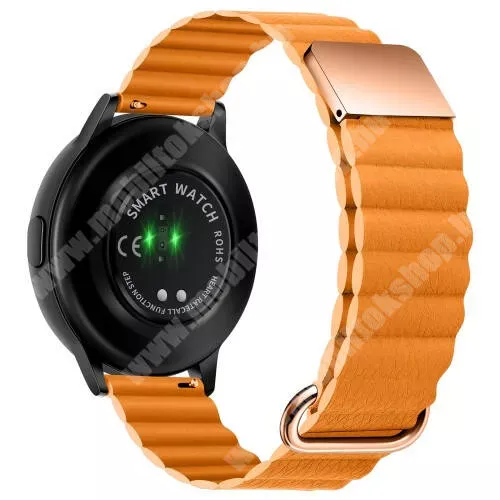 Maimo Watch R Okosóra szíj - valódi bőrpánt, mágneses, 118mm + 105mm hosszú, 22mm széles - NARANCSSÁRGA / ROSE GOLD - SAMSUNG Galaxy Watch 46mm / Watch GT2 46mm / Watch GT 2e / Galaxy Watch3 45mm / Honor MagicWatch 2 46mm