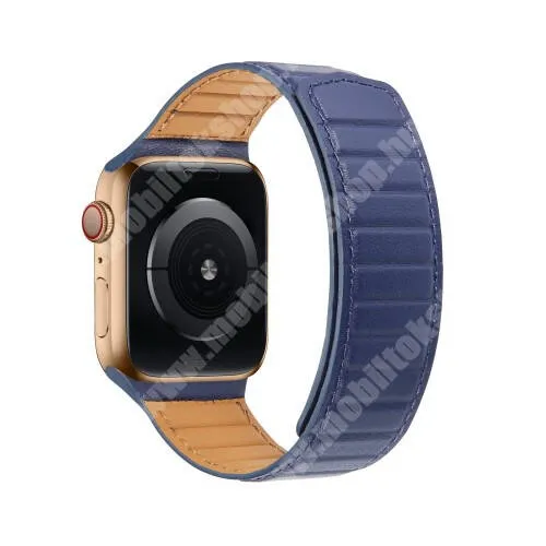  Okosóra szíj - valódi bőrpánt, mágneses, 120mm + 75mm hosszú - KÉK - Apple Watch Series 1/2/3 42mm / 4/5/6/SE 44mm / 7/8 45mm / 10 46mm / Ultra / Ultra 2 49mm