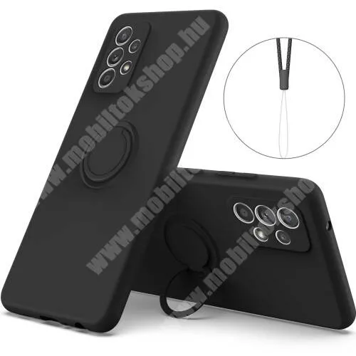  OTT! Liquid Ring szilikon védő tok / hátlap - FEKETE - mikroszálas szövettel bevont belsővel, csuklópánt, fém ujjgyűrű, tapadófelület mágneses autós tartóhoz, kitámasztható, ERŐS VÉDELEM! - SAMSUNG Galaxy A33 5G (SM-A336)