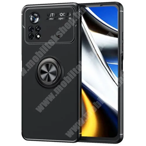  OTT! METAL RING szilikon védő tok / hátlap - FEKETE - fém ujjgyűrű, tapadófelület mágneses autós tartóhoz, kitámasztható, ERŐS VÉDELEM! - Xiaomi Poco X4 Pro 5G