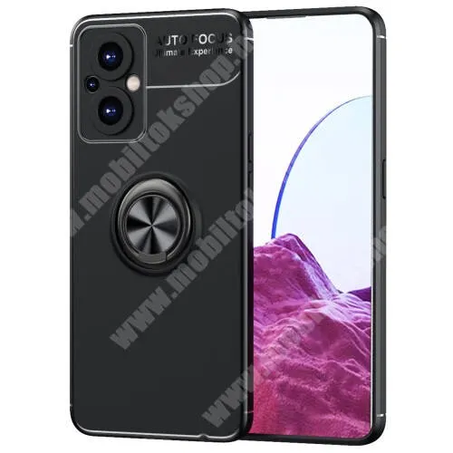  OTT! METAL RING szilikon védő tok / hátlap - FEKETE - fém ujjgyűrű, tapadófelület mágneses autós tartóhoz, kitámasztható, ERŐS VÉDELEM! - OnePlus Nord N20 5G / Oppo A96 (China)