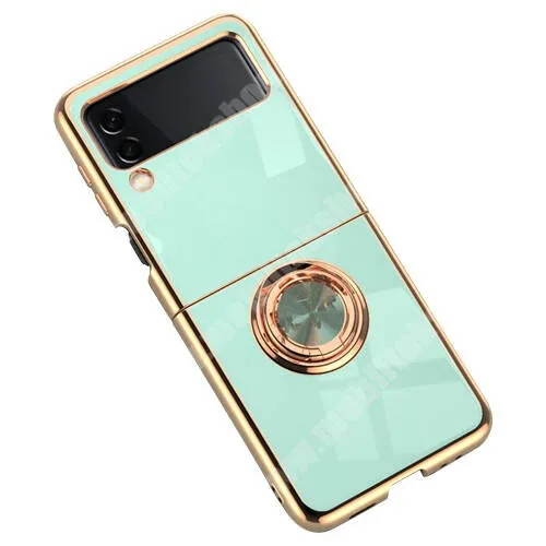  OTT! RING DEFENDER műanyag védő tok / hátlap - GALVANIZÁLT ZÖLD / ROSE GOLD - fém ujjgyűrű, tapadófelület mágneses autós tartóhoz, kitámasztható - SAMSUNG Galaxy Z Flip4 5G