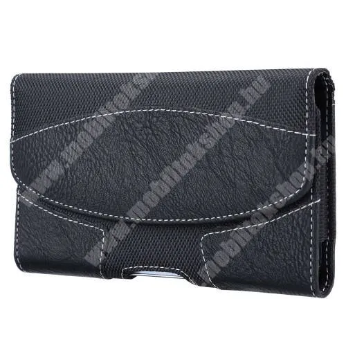  UNIVERZÁLIS fekvő tok - PU bőr, szövet, mágneses záródás, övre fűzhető, övcsipesz, gumis - max 165 x 90 x 20mm készülékekhez - FEKETE