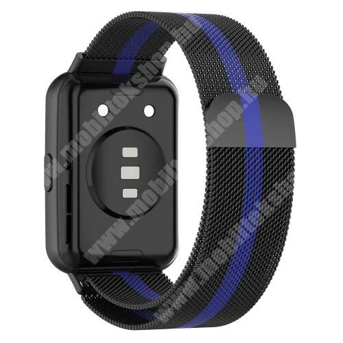  Okosóra milánói szíj - rozsdamentes acél, fém háló kialakítás, mágneses - 210mm hosszú - FEKETE / KÉK - HUAWEI Watch Fit 2 Classic Edition / Watch Fit 2 Active Edition