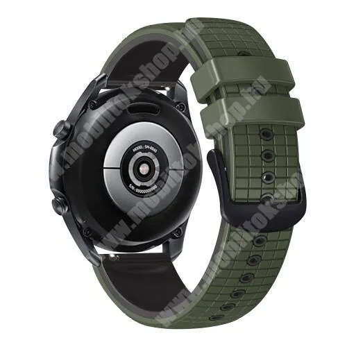 Mobvoi TicWatch S2 Okosóra szíj - szilikon, rácsos textúra mintás - FEKETE / SÖTÉTZÖLD - 130mm+89mm hosszú, 22mm széles - HUAWEI Watch GT 3 46mm / GT 3 Pro 46mm / Watch 3 46mm / Watch 3 Pro 48mm / SAMSUNG Watch3 45mm / Xiaomi Watch S2 / Amazfit GTR 4 46mm