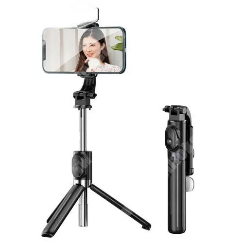DIGI R1 UNIVERZÁLIS teleszkópos selfie bot és tripod állvány - BLUETOOTH KIOLDÓVAL, szelfi fénnyel, 360 fokban forgatható, 20-103cm-ig kihúzható, 60-85mm-ig nyíló bölcső, beépített akkumulátor - FEKETE