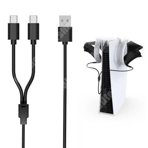 DOBE TP5-2519 SONY PS VR2 / kontroller / fejhallgató-hoz töltő kábel 2 az 1-ben - USB / elágazó Type-C kábel - 80cm hosszú, egyszerre 2 Sense  / Joystick vezérlő tölthető vele! - FEKETE  - GYÁRI
