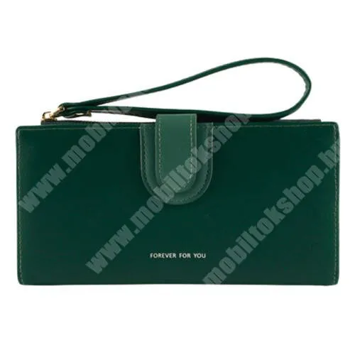 Evolveo StrongPhone Q8 LTE FFY UNIVERZÁLIS fekvő / pénztárca tok - PU bőr, csuklópánt, bankkártyatartó zsebek, cseppálló, cipzár, 190 x 95 x 15mm - ZÖLD