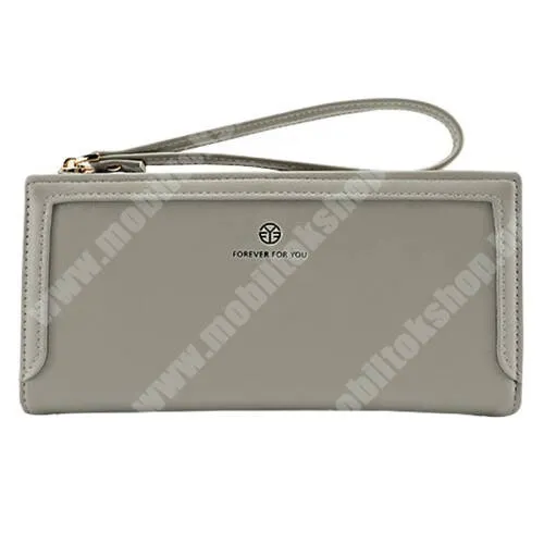 Evolveo StrongPhone Q8 LTE FFY UNIVERZÁLIS fekvő / pénztárca tok - PU bőr, csuklópánt, bankkártyatartó zsebek, cseppálló, cipzár, 190 x 100 x 25mm - SZÜRKE