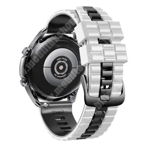  Okosóra szíj - szilikon, hullám textúra mintás - FEKETE / FEHÉR - 135mm+90mm hosszú, 22mm széles - HUAWEI Watch GT 3 46mm / GT 3 Pro 46mm / Watch 3 46mm / Watch 3 Pro 48mm / SAMSUNG Watch3 45mm / Xiaomi Watch S2 / Amazfit GTR 4 46mm