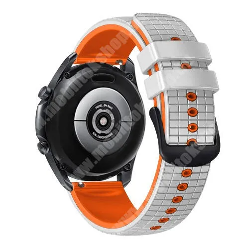 Garett Men 5S Okosóra szíj - szilikon, rácsos textúra mintás - FEHÉR  / NARANCSSÁRGA - 130mm+89mm hosszú, 22mm széles - HUAWEI Watch GT 3 46mm / GT 3 Pro 46mm / Watch 3 46mm / Watch 3 Pro 48mm / SAMSUNG Watch3 45mm / Xiaomi Watch S2 / Amazfit GTR 4 46mm