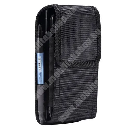  UNIVERZÁLIS álló tok - oxfordi szövet, övre fűzhető, övcsipesz, gumis, tépőzáras záródás, tolltartó, karabiner, dupla fakkos egyszerre 2 készülék tartható benne, 170 x 85 x 30mm - FEKETE