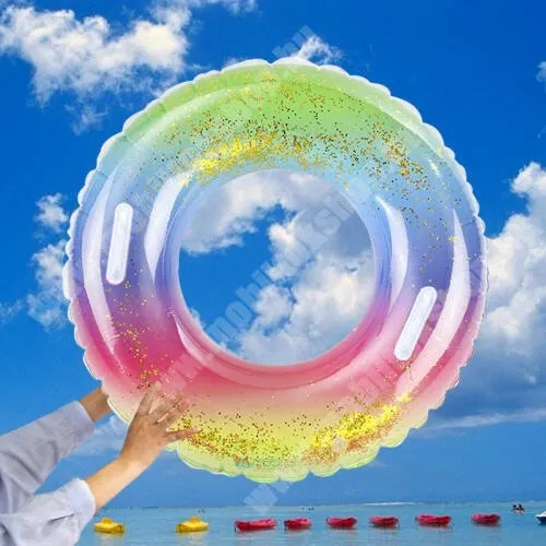 VODAFONE Smart Tab III 7 UNIVERZÁLIS felfújható úszógumi - PVC anyag, fogantyúkkal, felfújt külső átmérő: 75cm, belső átmérő: 35cm, 50-80 kg-ig, strand - FLITTERES SZIVÁRVÁNY MINTÁS