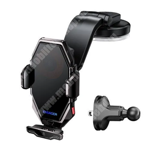 Jolla Jolla C ESSAGER UNIVERZÁLIS gépkocsi / autós tartó - FEKETE - tapadókorongos szélvédőre, szellőzőrácsra és műszerfalra rögzíthető, 360°-ban forgatható, gombnyomásra nyit és zár , 15W QI töltés, LED jelzőfény, Type-C bemenet, fogadóegység nélkül! - GYÁRI