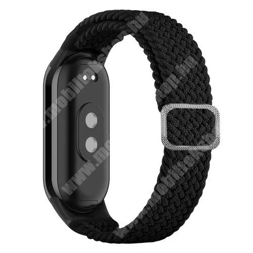  Okosóra szíj - fonott szövet körpánt - FEKETE - sztreccses, 190mm hosszú - Xiaomi Smart Band 8, 8 NFC, 9, 9 NFC