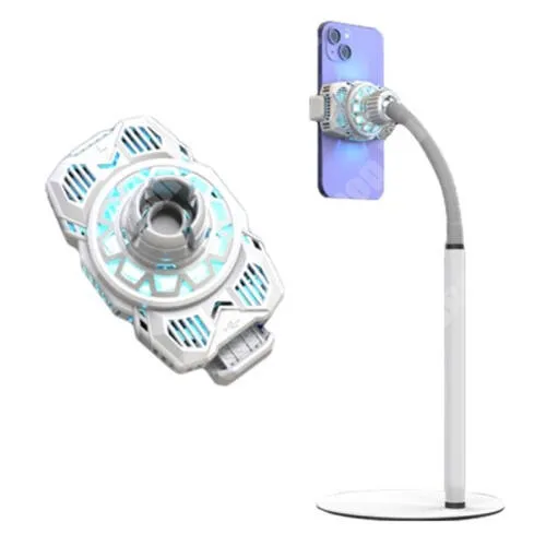 DIGI R1 UNIVERZÁLIS asztali telefon tartó, állvány / telefonhűtő - összecsukható, csuszásgátló szivacs, 1kg teherbírás, beépített ventilátor, flexibilis kar, extra hideg hűtés, Type-C tápellátás, 75x48x45mm - FEHÉR