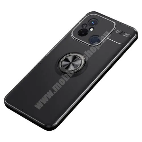  OTT! METAL RING szilikon védő tok / hátlap - FEKETE - fém ujjgyűrű, tapadófelület mágneses autós tartóhoz, kitámasztható, ERŐS VÉDELEM! - Xiaomi Redmi 12C / Redmi 11A / Poco C55