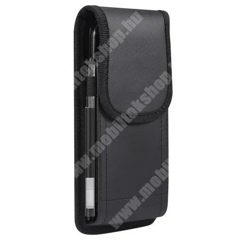  UNIVERZÁLIS álló tok - PU bőr, övre fűzhető, övcsipesz, gumis, ceruzatartó, mágneses záródás - max 155 x 78 x 18mm méretű készülékekhez - FEKETE