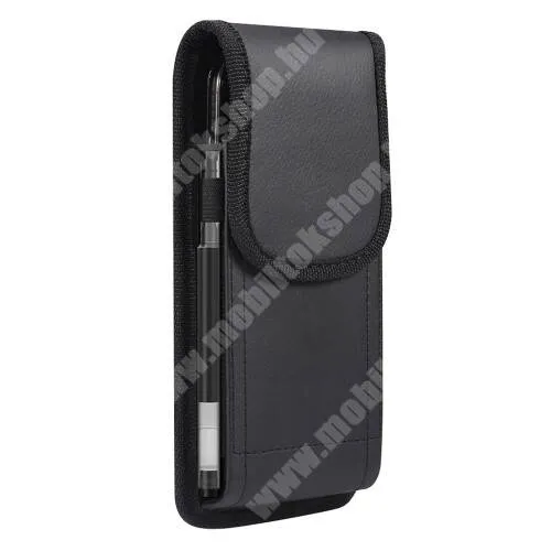  UNIVERZÁLIS álló tok - PU bőr, övre fűzhető, övcsipesz, gumis, ceruzatartó, mágneses záródás - max 142 x 75 x 18mm méretű készülékekhez - FEKETE