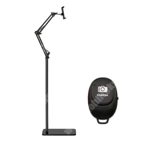 Tecno Spark 8P Univerzális telefon / tablet tartó állvány - 155cm magas, állítható, dönthető, 360°-ban forgatható, Bluetooth távirányítóval, ABS + fém, rúgós karok, csúszásgátló, 55-90mmig nyíló bölcső - FEKETE
