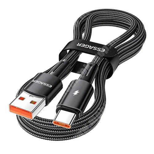  ESSAGER adatátviteli kábel / USB töltő - 1m hosszú, max 120W, 6A, gyorstöltés támogatás, 480Mbps, szövettel bevont, törésgátló - FEKETE - GYÁRI