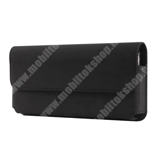  UNIVERZÁLIS fekvő tok - mágneses záródás, cseppálló szövet és PU bőr, övre fűzhető, övcsipesz - 175 x 80 x 20mm - FEKETE