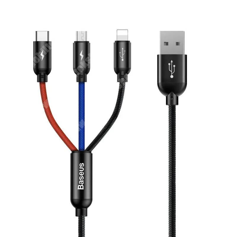 ALCATEL 3c (2018) (5026D) BASEUS 3 az 1-ben töltő kábel - FEKETE - USB Type-C, microUSB, Lightning / USB csatlakozás, 1,2m hosszú, 3A, 15W - CAMLT-BSY01 - GYÁRI