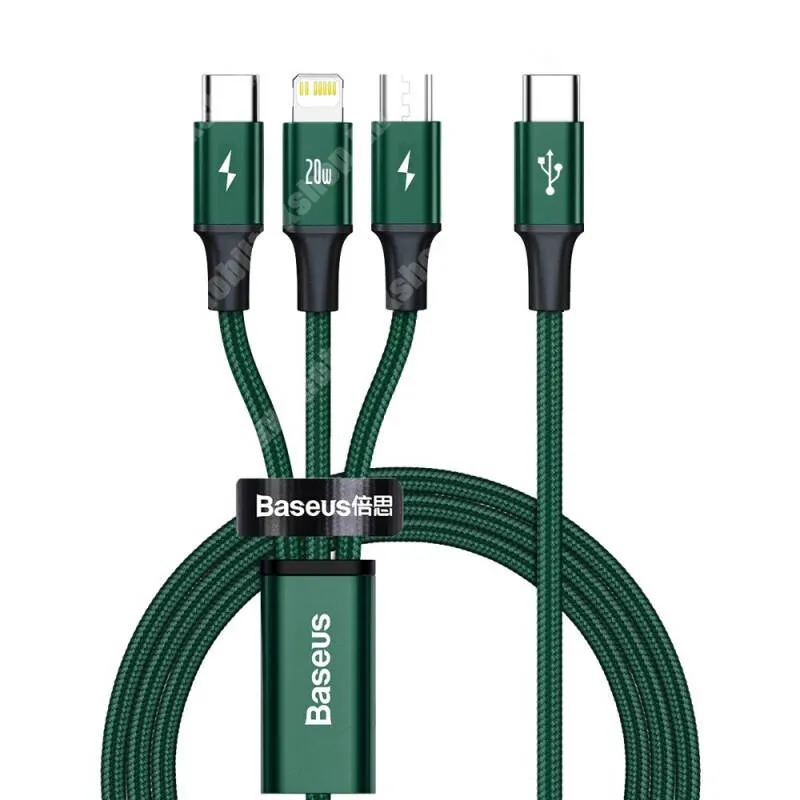 Evolveo StrongPhone Q8 LTE BASEUS FLASH SERIES 3 az 1-ben töltő kábel - ZÖLD - Type-C, microUSB, Lightning / Type-C csatlakozás, 1,5m, 3,5A, 20W gyorstöltés támogatás - CAMLT-SC06 - GYÁRI