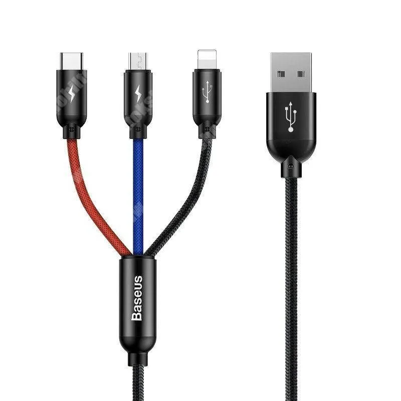 Huawei Enjoy 10s BASEUS SUPERIOR 3 az 1-ben töltő kábel - FEKETE - USB Type-C, microUSB, Lightning / USB csatlakozás, 30cm hosszú, 3.5A, 18W - CAMLT-ASY01 - GYÁRI