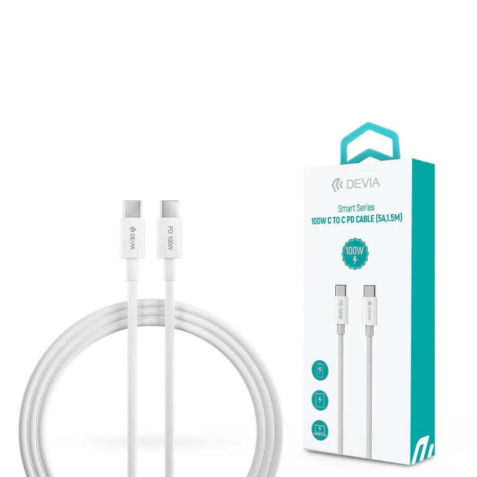 Tecno Camon 20 Premier 5G (CK9n) DEVIA SMART adatátviteli kábel / USB töltő - Type-C / Type-C, 100W, 1,5m, 5A, 480Mbps adatátviteli sebesség, PD gyorstöltés támogatás - FEHÉR - GYÁRI