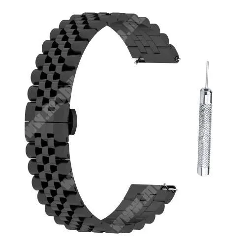  Fém okosóra szíj - FEKETE - rozsdamentes acél, speciális pillangó csatos - 179mm hosszú, 18mm széles - Xiaomi Mi Watch (For China Market) / Fossil Gen 4 / HUAWEI TalkBand B5 / Watch GT 4 41mm / Venu 3S