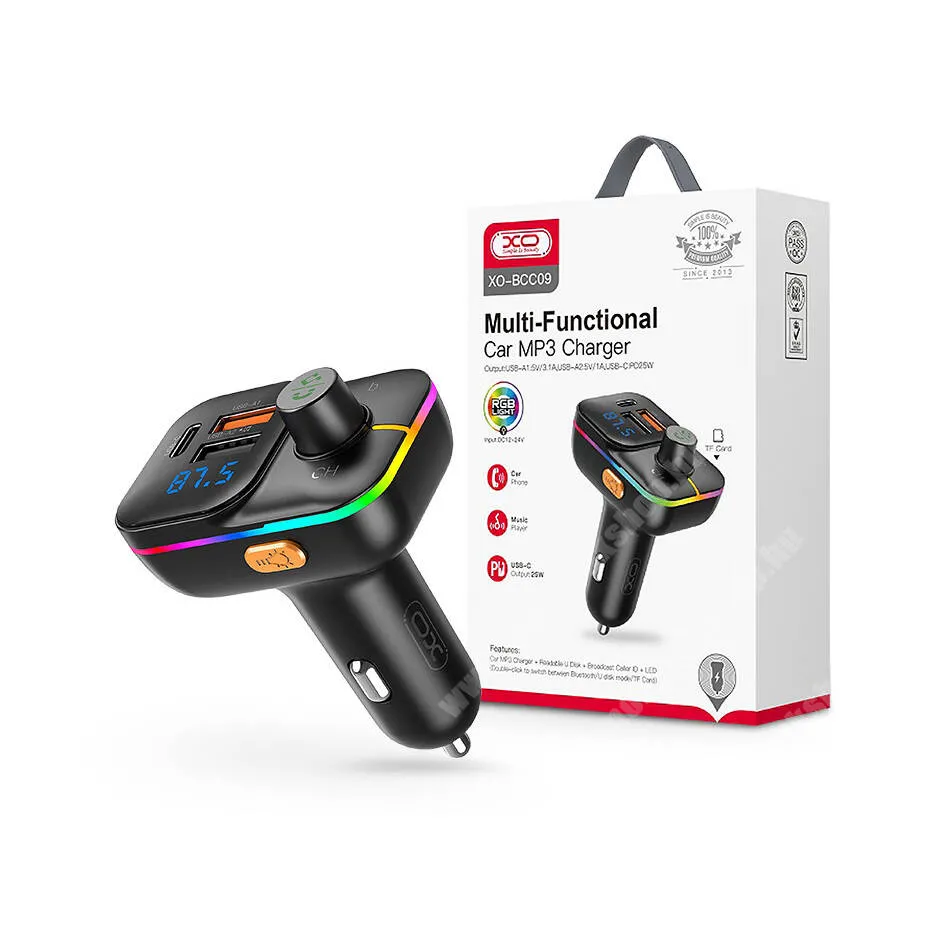 Jolla Jolla C XO BCC09 bluetooth FM transmitter, kihangosító és autós töltő - FEKETE - 2 x USB, 1 x Type-C, 5V/3,1A, 25W, PD, QC 3.0 gyorstöltés - XO BCC09 - GYÁRI