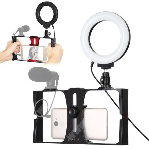 Meizu m3 Max PULUZ UNIVERZÁLIS U-Rig telefon tartó fotózáshoz körfénnyel - 3 extra 1/4"-es csatlakozó, 42-110mm-ig nyíló bölcsővel, állítható fényerő és színhőmérséklet, USB tápellátás, 6500K-3200K - FEKETE - PKT3026 - GYÁRI