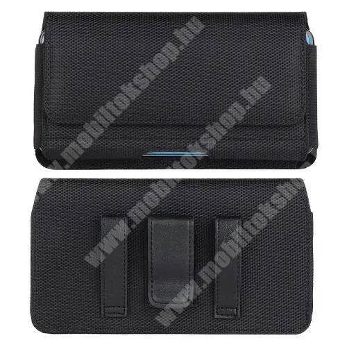  UNIVERZÁLIS fekvő tok - mágneses záródás, cseppálló oxford szövet és PU bőr, övre fűzhető, övcsipesz, bankkártyatartó zseb, gumis - 170 x 92 x 20mm - FEKETE