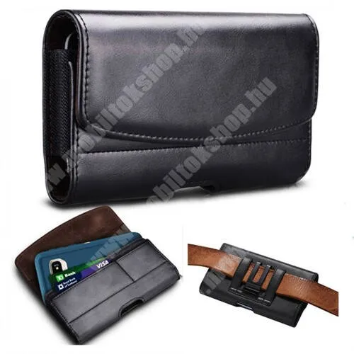  UNIVERZÁLIS fekvő tok - PU bőr, mágneses záródás, övre fűzhető, övcsipesz, gumis, bankkártyatartó zsebek - 145 x 80 x 30mm - FEKETE