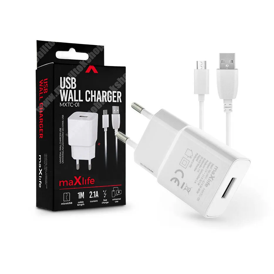 HomTom H17 Pro MAXLIFE hálózati töltő USB aljzattal - FEHÉR - 5V/2,1A, 10W + 1m microUSB töltő kábel - MXTC-01