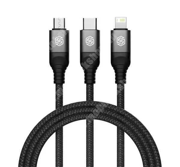 ALCATEL 1c (2019) NILLKIN SWIFT PRO 3 az 1-ben adat és töltő kábel - FEKETE - USB Type-C, microUSB, Lightning / USB csatlakozás, 1,5m hosszú, 4,4A, 22W, szövettel bevont, törésgátlós - GYÁRI