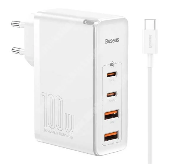 PRESTIGIO MultiPhone 7500 BASEUS GaN2 hálózati töltő 2x USB és 2x Type-C aljzattal - QC4.0 és PD gyorstöltés támogatás, 100W + Type-C adatátvitel és töltő kábellel - FEHÉR - CCGAN2P-L02 - GYÁRI